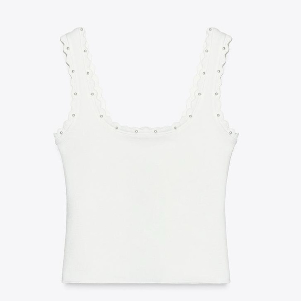 Zara NWT Oyster White Knit Crop Top w/ Faux Pearl Details (Size Small) - Picture 7 of 8
